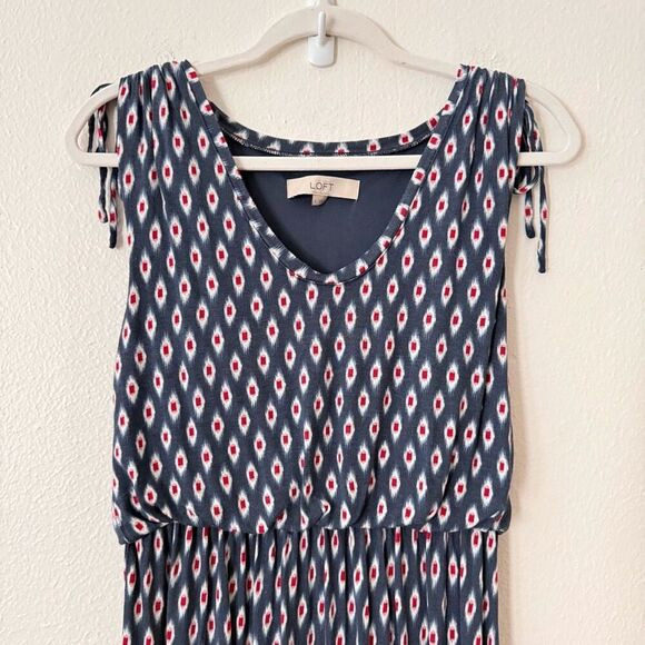 LOFT Maxi Dress Small Ikat Blue Red White Cap Sleeve Elastic Waist Scoop Neck - Picture 5 of 12